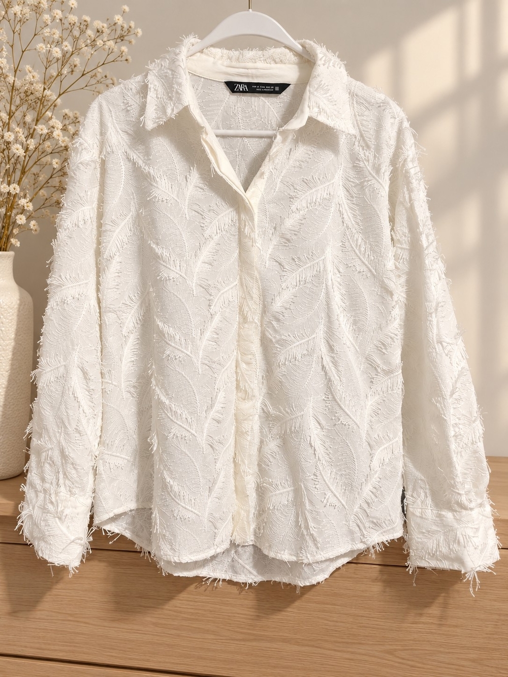 Zara Cream Textured Fringe Button-Down Shirt